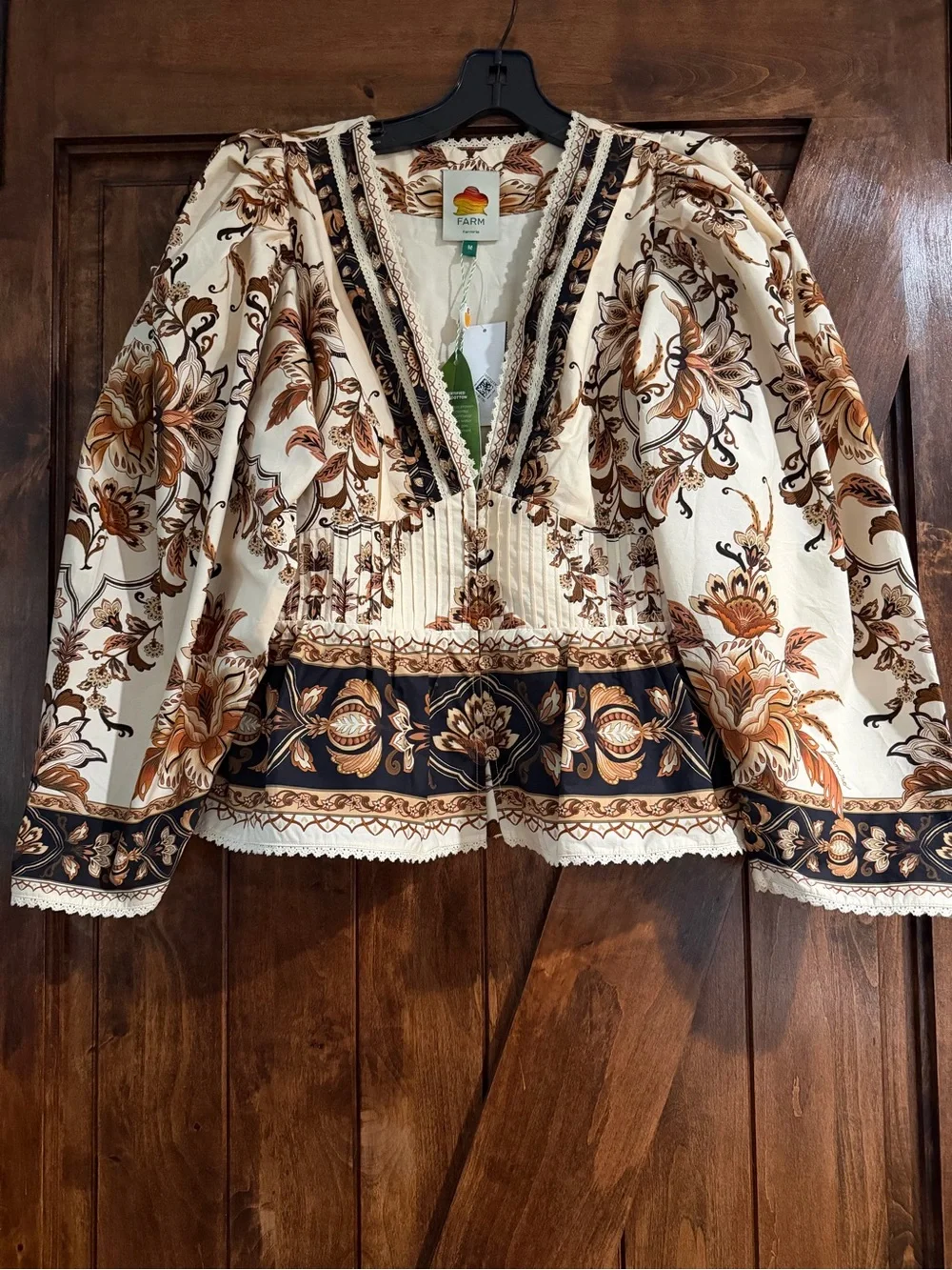 FARM RIO Majestic Garden Lace Puff Sleeve Cotton Top. Size Small